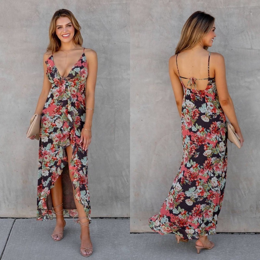 New Vici Dolls Escamilla Satin Ruffle Brown Floral Maxi Dress Size XS $78